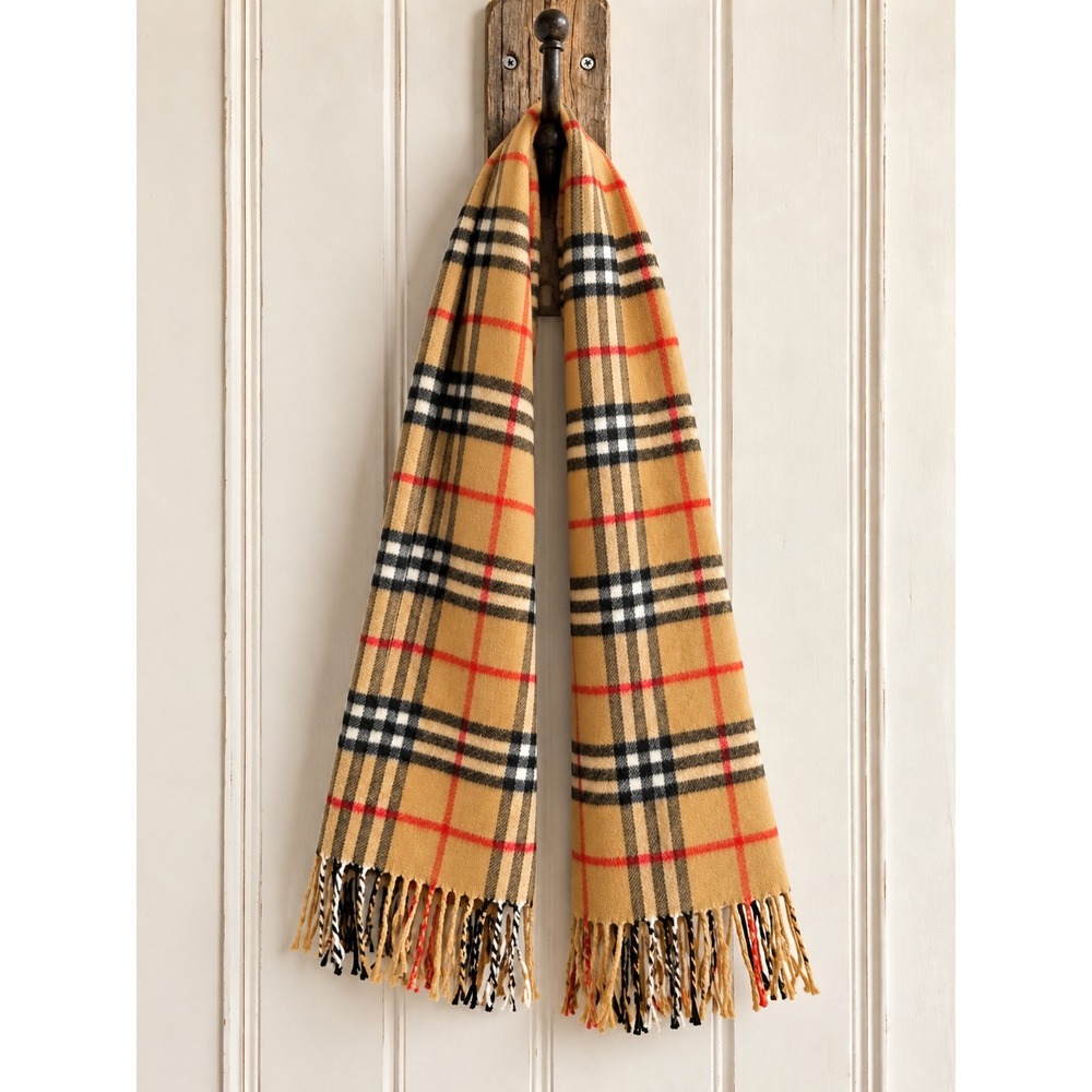 Burberrys Cashmere Scarf Vintage Nova Check Plaid Tan OS